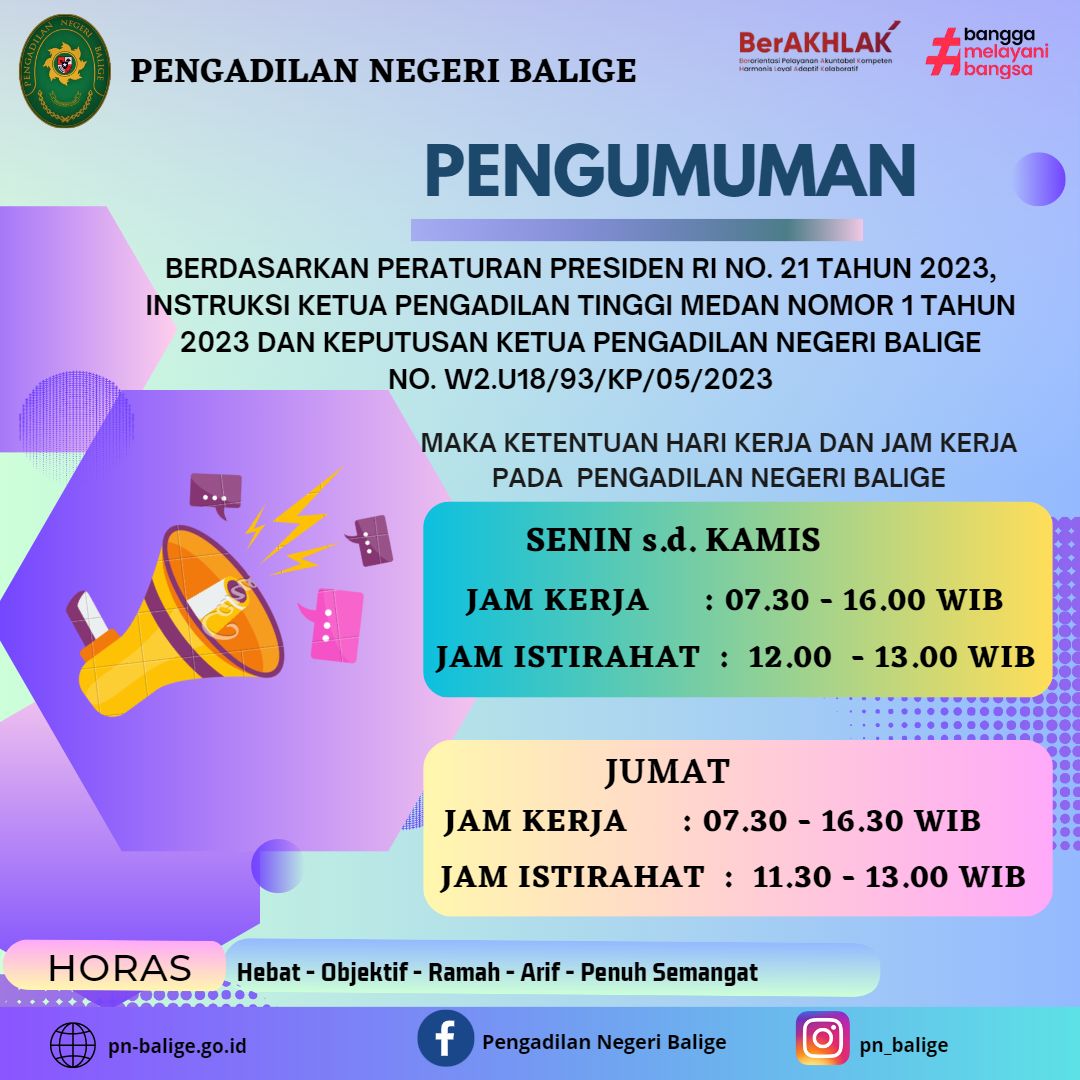 PENETAPAN HARI KERJA DAN JAM KERJA PENGADILAN NEGERI BALIGE TAHUN 2023